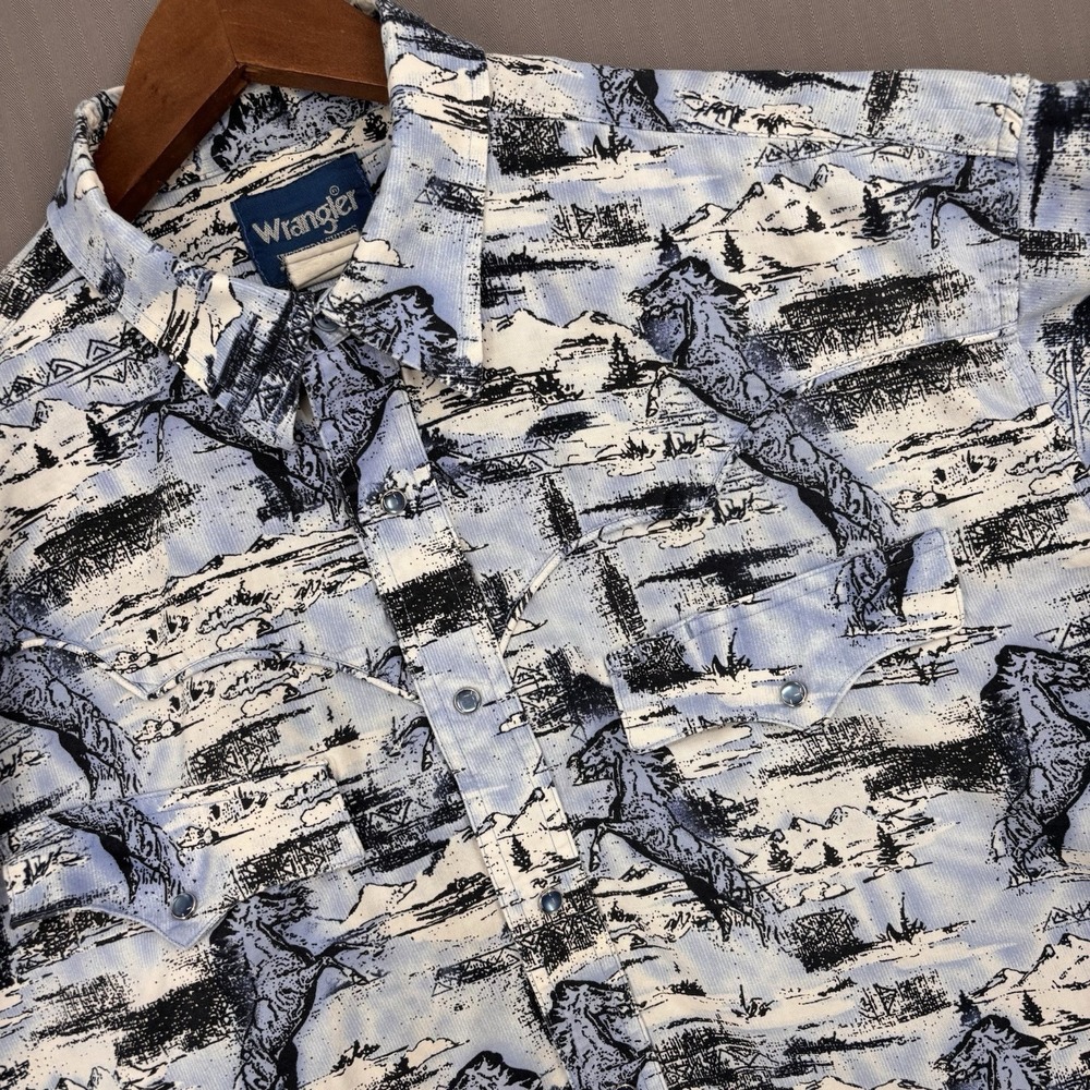 Vintage 90s Wrangler Western Pearl Snap Shirt XL Wild Horses Mountain Print